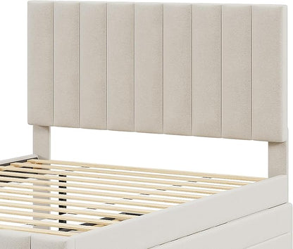 Bellemave Full Size Bed Frame with Twin Trundle Bed and Storage Drawers,Linen Upholstered Bed Frame,Full Size Trundle Bed with Adjustable Headboard for Kids Teens Adults,Beige