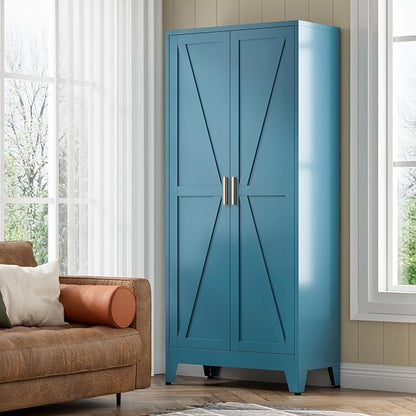 COFaR Home Farmhouse Storage Cabinet with Barn Door, Tall Kitchen Pantry Cupboard with Adjustable Shelves, for Dining Room, Bathroom, Living Room Blue.