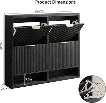 Fluted Shoe Cabinet Storage with 4 Flip Drawers, Narrow Shoe Storage Organizer for Entryway, Hidden Slim Wooden Shoe Rack Cabinet for Front Door Entrance, Hallway, Living Room (4-Drawer, Black)