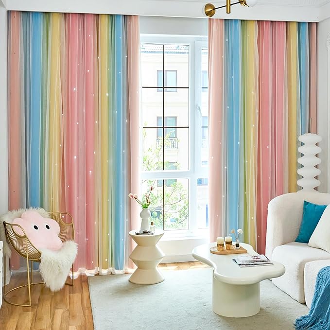 Star Curtains Blackout Curtains for Bedroom Cute Curtains Kids Curtains Rainbow Curtains, Curtains 63 Inches Long 2 Panels, Red & Yellow & Blue Curtains, 42 X 63 Inches
