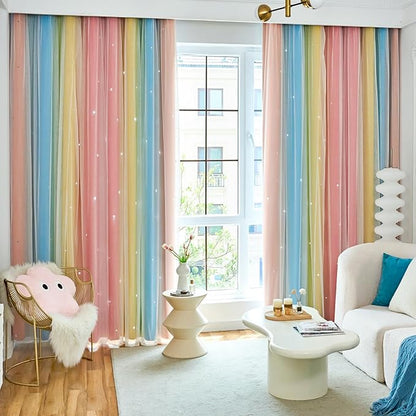 Star Curtains Blackout Curtains for Bedroom Cute Curtains Kids Curtains Rainbow Curtains, Curtains 63 Inches Long 2 Panels, Red & Yellow & Blue Curtains, 52 X 63 Inches