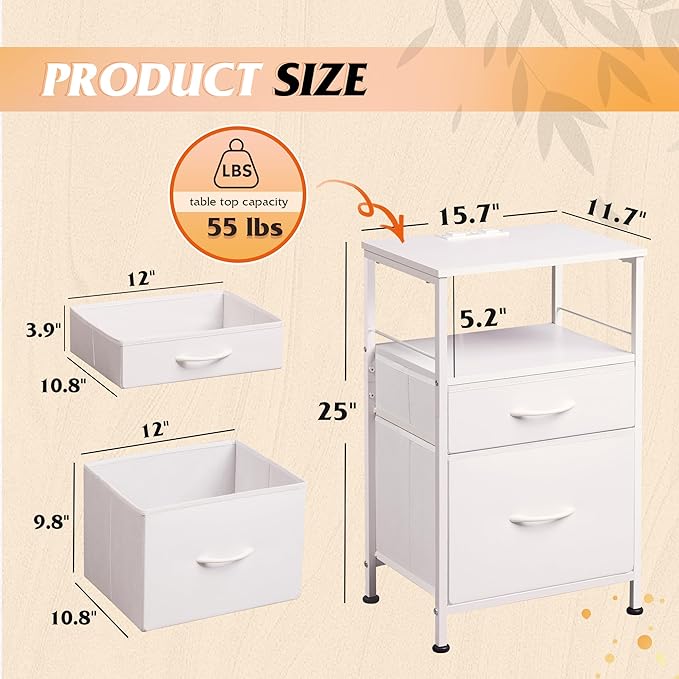 WLIVE Night Stand Set 2, White Nightstand with Charging Station, Nightstands for Bedroom Set of 2, Bedside Tables, Side Table with 2 Fabric Drawers, Small Dresser with USB Ports and Outlets