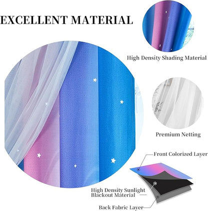 Star Curtains Blackout Curtains for Bedroom Cute Curtains Kids Curtains Rainbow Curtains, Curtains 72 Inches Long 2 Panels, Blue & Purple & Pink Curtains, 42 X 72 Inches