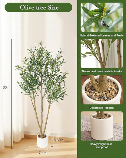 Olive Tree 5FT Fake Tree Faux Plants Indoor with Pot Artificial Tree Nearly Natural Olive Branches and Fruits for Living Room Home Office Decorations