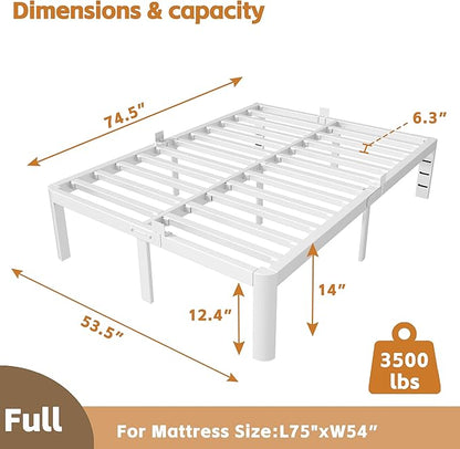 14 Inch Bed Frame Full Size with Metal Gaskets, Heavy Duty Steel Support 3500 LBS, No Box Spring Needed, DIY Headboard, Anti-Slip Mattress Stopper, Round Corner Leg, Easy Assembly, White