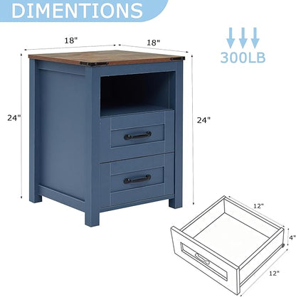Blue Rustic Night Stand Set of 2, Farmhouse End Table, Modern Bedside Table with 2 Storage Drawers and Open Shelf, Tall Nightstand for Bedroom