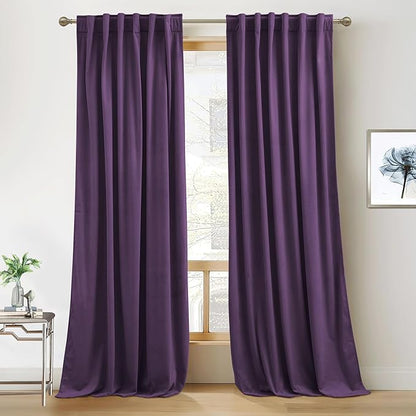 RYB HOME Purple Velvet Curtains 102 inches, Back Tab Soft Fabric Room Darkening Thermal Insulated Luxurious Home Decor Curtains for Living Room Bedroom, W 52" x L 102", 2 Panels Set