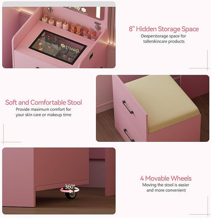 HNEBC 3 in 1 Vanity Desk with Plip Top LED Mirror,Small Dressing Table Set with Visible Glass Desktop,Compact Vanity with 3 Drawers,Storage Compartment and Padded Stool,for Bedroom(Pink)