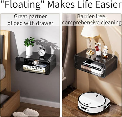Acrylic Floating Nightstand, Bedside Table, Nightstand Shelf Wall Mounted Bedside Shelf (Black, Small)