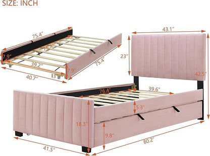 Twin Size Bed Frame with Trundle Bed,Velvet Upholstered Bed Frame,Twin Size Trundle Bed with Headboard,Upholstered Platform Bed Twin for Kids Teens Adults(Pink)