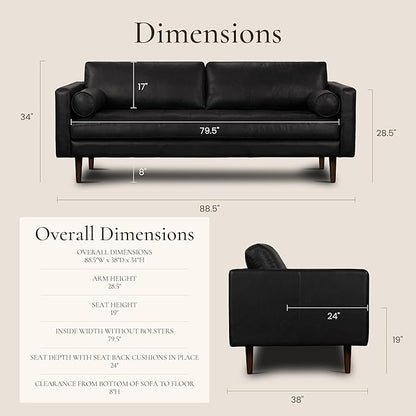 POLY & BARK Napa 88.5" Leather Sofa – Full-Grain Italian-Tanned Aniline Leather, Feather-Down Comfort, Solid Wood Frame, Walnut Legs, Onyx Black