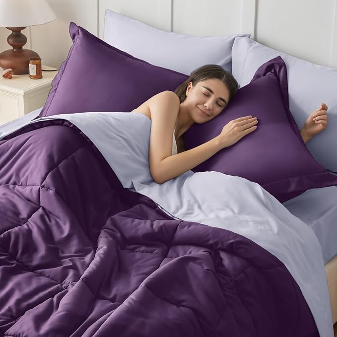 JOLLYVOGUE Full Comforter Set, Ultra-Soft Bed in a Bag Full Size 7 Pieces, Oeko-TEX Certified Bedding Set with Down Alternative Comforter, Sheets, Pillowcases & Shams, Purple & Lavender