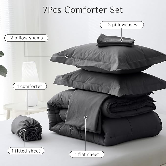 JOLLYVOGUE King Comforter Set, Ultra-Soft Bed in a Bag King Size 7 Pieces, Oeko-TEX Certified Bedding Set with Down Alternative Comforter, Sheets, Pillowcases & Shams, Dark & Light Grey