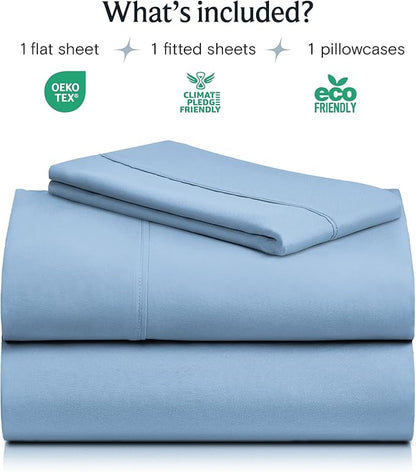 LuxClub 3 PC Twin Sheet Set, Deep Pockets Wrinkle Free Cooling Bed Sheets Hotel Bedding for Women, Men, Kids & Teens, Includes 1 Fitted Sheet, 1 Flat Sheet and 1 Pillowcase-Silky Soft Sky