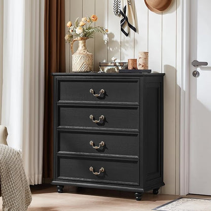 Farmhouse 4 Drawer Dresser Set of 2 for Bedroom, 37" Tall Rustic Chests of Drawers w/ 4 Solid Wood Feet, Mid Century Vintage Wooden Closet Storage Dressers Organizer for Living Room, Black