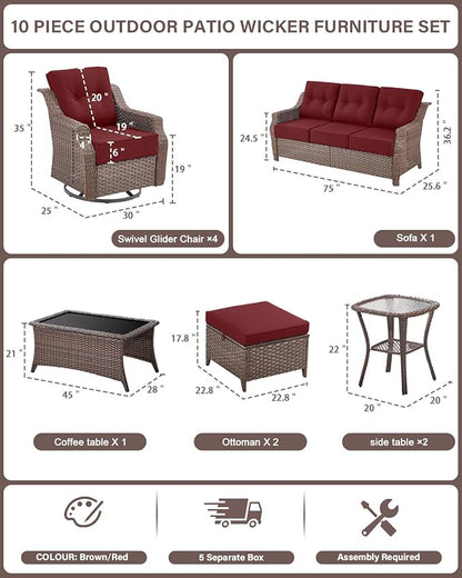 10 Piece High Back Outdoor Patio Furniture Set - Patio Conversation Set with Swivel Rocker Outdoor Chairs Set of 4 and 3 Seater Sofa, Wicker Ottoman and Coffee Table for Garden Backyard