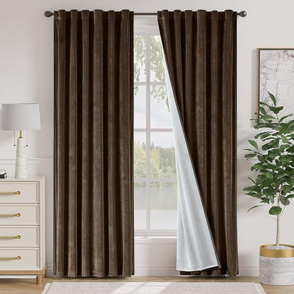 Lazzzy Dark Brown Velvet Blackout Curtains 90 Inches Long Thermal Insulated Blackout Curtain Drapes Luxury Back Tab Window Treatments for Bedroom Living Room 2 Panels, 52 x 90 Inch, Truffle