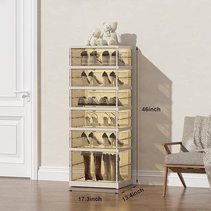 Shoe Rack Organizer for Closet Entryway Foldable Sneaker Storage Shoe, Collapsible Shoe Cabinet, Stackable Shoe Storage Cabinet with Lids for Living Room (6 Tiers -12 Pairs Transparent)
