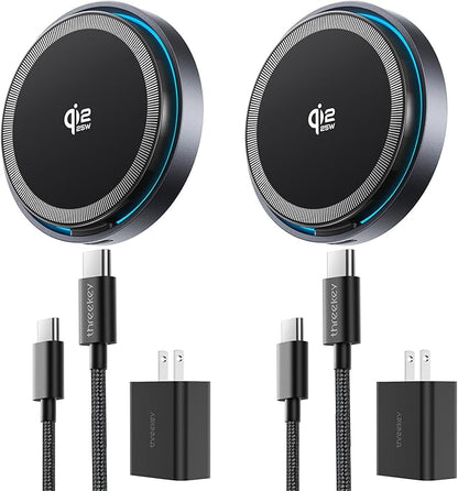 THREEKEY for MagSafe Charger, 2 Pack Qi2 25W Fast Charging Pad with Cooling Fan, Magnetic Wireless Charger with 6.6ft Cable for iPhone 17/16/15 Series (2 Adapters Included)