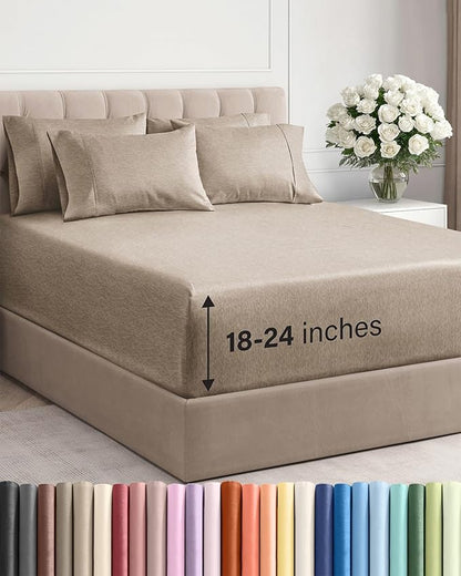 Extra Deep Full Sheet Set - 6 Piece Breathable and Cooling Sheets - Hotel Luxury Bed Sheets Set - Easy Fit - Soft, Wrinkle Free and Comfy Sheets Set - Heathered Beige Sheet Set with Extra Deep Pockets