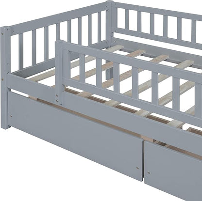 Bellemave Twin Bed Frames with Rails for Kids, Twin daybed Frame with Drawers for Boys/Girls/Adults，Gray
