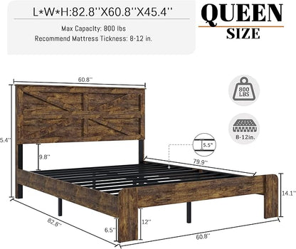 Queen Size Bed Frame with Farmhouse Headboard, Rustic Boho Wooden Bedframe with LED Lights and Charging Station, Easy Assembly, No Box Spring Needed (Brown, Queen)