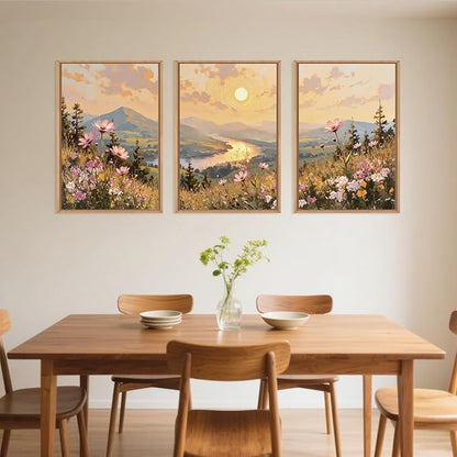 LHIUEM Large Boho Sunset Wildflower Framed Canvas Wall Art,Nature Pink Flower Wall Decor,Blossom Botanical Mountain Landscape Artwork for Living Room,Bedroom,Dining Room,Office -24"x36"x3