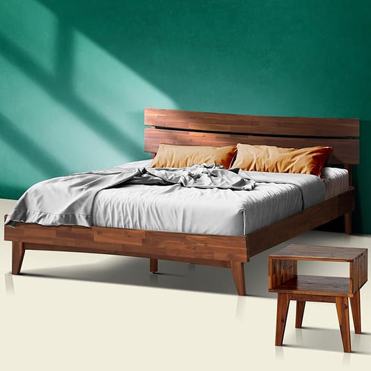 Acacia Aurora King Solid Wood Bed Frame with Headboard – Gift Matching Nightstand Included, Mid-Century Modern Farmhouse, Walnut Finish, 800 lbs Capacity, Sturdy, No Box Spring, Easy Assembly