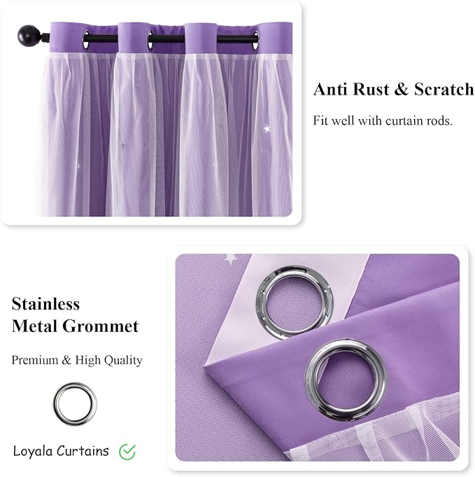 Star Double Layer Blackout Curtains for Bedroom, Kids - Cute, 96 Inch Long, 2 Panels Set, Purple, 42 x 96 Inch