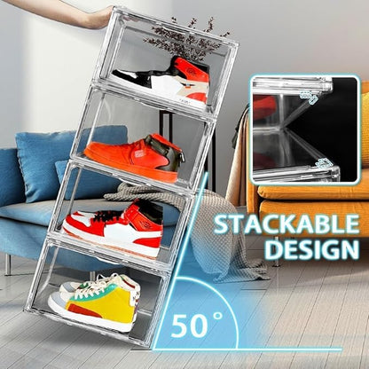 5 Pack Acrylic Shoe Box Size 14, Clear Plastic Stackable Sneaker Shoe Display Case Transparent Storage Bins Handbag Organizer Containers with Magnetic Lids, Figures Collectibles Showcase