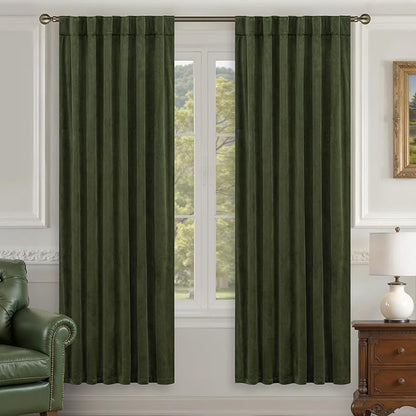 LAMIT Olive Green Velvet Blackout Curtains 78 Inch, Vintage Thermal Insulated Room Darkening Drapes for Living Room Back Tab and Rod Pocket Privacy Window Panels for Bedroom, 2 Panels, 52 x 78 Inch