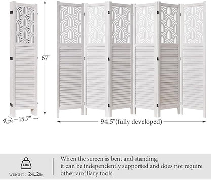 Svimi Folding Room Divider, 66.9 Inch 6 Panels Wood Carved Privacy Screens, Free Assembled Freestanding Portable Separation Wall for Home Office Restaurant Bedroom (White)