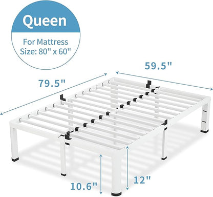 12 Inch White Queen Bed Frame, 3500Lbs Heavy Duty Metal Platform with Round Corner Legs Mattress Slide Stopper, Steel Slat Support No Box Spring Needed, Noise Free, Non-Slip, Easy Assembly