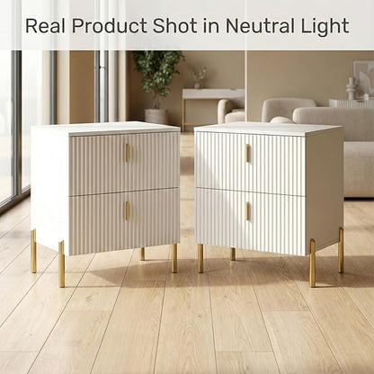 Luxury Fluted Night Stand Set of 2, Nightstand with 2 Drawers, Modern Bedside Table with Golden Legs and Handles, End Tables for Living Room Bedroom, White