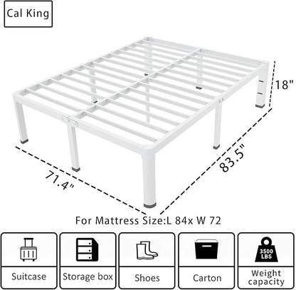 ROIL 18 Inch White California King Bed Frame with Rounded Corner and Headboard Hole Mattress Retainers 3500LBS Heavy Duty Steel Slats No Box Spring Needed Platform Noise-Free Easy Assembly