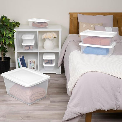 Sterilite 16 Pack Storage Box, 20 Quart Stackable Tote, Clear Plastic Container with Secure Snapping Lids for Home and Office Organization, White