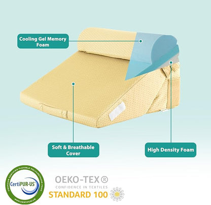 Bedluxe Adjustable 3pcs Bed Wedge Pillow Set, Memory Foam Wedge Pillows Post Surgery for Back, Neck, Leg Pain Relief, Pillow Wedge for Sleeping, Sitting up in Bed, Acid Reflux and GERD, Beige Yellow