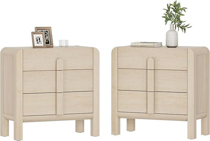 WAMPAT Modern 3-Drawer Nightstand Set of 2, 31.5" Tall Nightstand End Table w/Curved Profile Design,Wooden Dresser with Large Chest of Drawers,Bed Side Table for Bedroom,Living Room, Light Oak