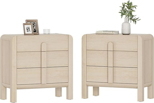 WAMPAT Modern 3-Drawer Nightstand Set of 2, 31.5" Tall Nightstand End Table w/Curved Profile Design,Wooden Dresser with Large Chest of Drawers,Bed Side Table for Bedroom,Living Room, Light Oak