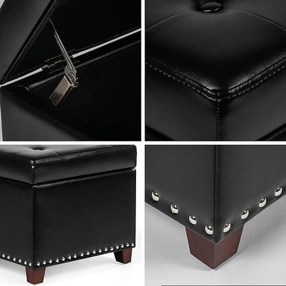 Joveco 47 Inch Storage Ottoman Bench,Tufted Leather Storage Bench with Nailhead Trim for Bedroom (47”,Black)