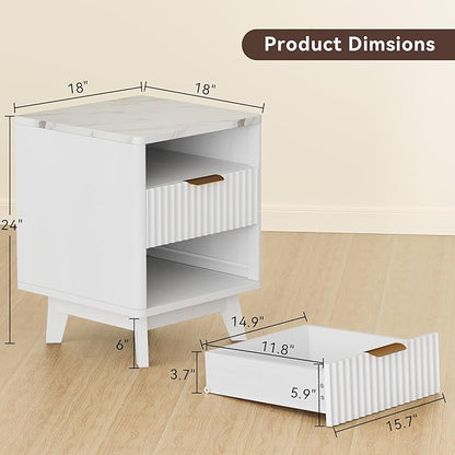White Nightstand with 2 Drawers, 18" Modern Night Stand with Faux Marble Top, Open Storage Shelf, Fluted Bedside Table for Bedroom, End Table Side Table