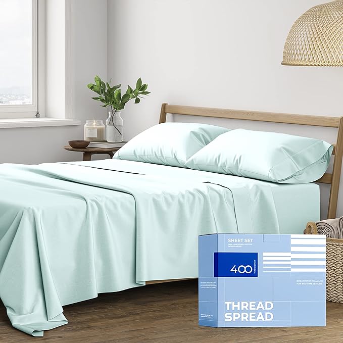 THREAD SPREAD California King Sheet Sets Cotton - 400 Thread Count 100% Cotton Cal King Sheets Set, 4 PC (Sea Foam), Luxury Soft, Cooling, Breathable 16" Deep Pocket Sateen Weave Hotel Bedsheets