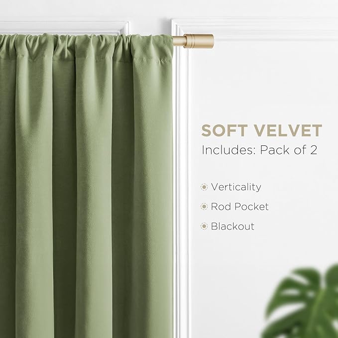 Joydeco Coconut Green Velvet Curtains 96 Inches 2 Panels, Luxury Thermal Insulated Soft Green Curtains for Bedroom & Living Room, Room Darkening Velvet Drapes, Rod Pocket (52W x 96L)