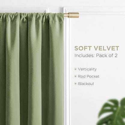 Joydeco Coconut Green Velvet Curtains 108 Inches 2 Panels, Luxury Thermal Insulated Soft Green Curtains for Bedroom & Living Room, Room Darkening Velvet Drapes, Rod Pocket (52W x 108L)