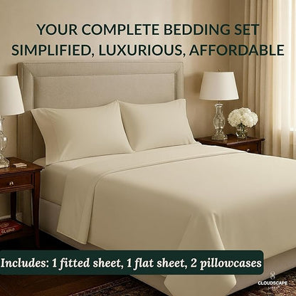 Cloud Scape Linen 100% Egyptian Cotton California King Sheet Set, 400 Thread Count,4 Pieces Luxury Bedding Set, Hotel Quality, Silky Soft, Breathable and Durable, Deep Pockets up to 17, Ivory