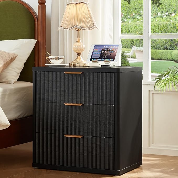 LEYAOYAO 42" Tall Fluted Dresser and 3 Drawers 23" Nightstand Set of 2, Wooden Dresser & Night Stand with Charging Station, 3 Piece Bedroom Furniture Set, Wood Chest of Drawer for Living Room,Black