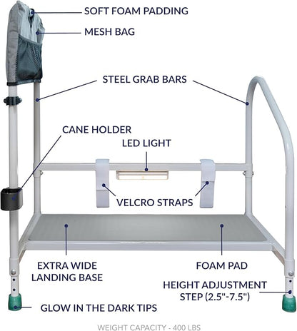 step2bed Deluxe Bed Rails for Elderly Adults - Adjustable Height Bed Safety Rail for Seniors with Cane Holder, LED Light, Mesh Bag, Handicap Grab Bars and More - Premium Bed Side Step Assist Device