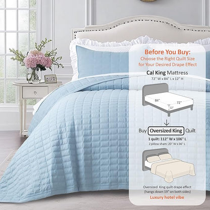 Oversized King Quilt Set 112"x106" – Soft Washed 3-Layer Lightweight California King Bedspread, Minimalist Nordic Design, All-Season Spring & Summer Quilt Set (1 Quilt + 2 Pillow Shams), Grey Blue