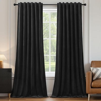 Black Velvet Blackout Curtains Extra Long Room Darkening Drapes Super Soft Elegant Thermal Insulated Soundproof Window Curtains for Bedroom Living Room, Back Tab Rod Pocket, W52 x L108, 2 Panels