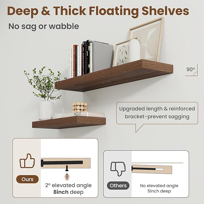 72 Inch Floating Shelves for Wall, 8 Inch Deep Floating Shelf for Storage & Display, Rustic Wall Mounted Shelf with Invisible Brackets for Living Room, Kitchen, Bathroom, Home Decor, Set of 2, Walnut